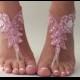 Free Ship pink lace barefoot sandals , pearl beaded embroidered lace sandals Beach wedding barefoot sandals handmade