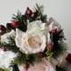 Silk Bride Bouquet, Winter Bouquet, Roses, Pine, Berries,  Winter WEdding, Christmas Wedding, Keepsake Bouquet Bridesmaid Bouquet