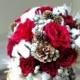 Wed in Winter dried flower bouquet, preserved red roses, cotton, pinecones, wedding flowers, winter wedding, wheat, bridesmaids bouquet