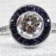 Art Deco Style 14k Gold Diamond and Blue Sapphire Halo Engagement Ring 1.27 Carats GIA Certified Diamond