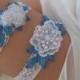 free ship blue whitee lace garter set, bridal garter, floral garter, garter, white lace garter, toss garter, wedding garter