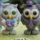 Wedding love birds owl cake topper with grass base and chuppah, BIGGER OWLS, aqua purple wedding, customizable