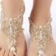 Free Ship ivory gold beaded barefoot sandals, laceBarefoot Sandals, french lace, Beach wedding barefoot sandals