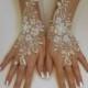 Ivory gold frame wedding gloves bridal gloves lace gloves fingerless gloves ivory gloves  free ship w