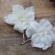 White Flower Hair Clips, bridal bobby pin set, floral pearl pins, wedding accessories, white floral pins