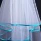 White Wedding Veil, Three Layers, Turquoise Satin Edging.