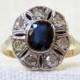 1920s Art Deco 18k Gold Blue Sapphire and Diamond Halo Engagement Ring 1.35 Carats