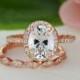 2.25 ctw, Oval Bridal Set, Vintage Style Engagement Ring, Man Made Diamond Simulants, Art Deco Halo Ring, Sterling Silver, Rose Gold Plated