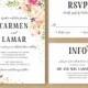 Floral Wedding Invitation Printable Suite, Boho Wedding Invite, Bohemian Wedding Invitation Set, Peonies Digital Glitter Gold Stripe- Carmen