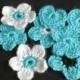 Turquoise flowers, appliques, Scrapbooking, embellishment, baptism, celebrations, pillows, white flowers, blue flowers, purple flowers, red