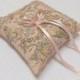 Wedding ring pillow. Antique pink ring bearer decorated with multicolor lace flowers embroidery.