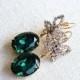 Mega SALE Emerald Green Earrings Foiled Oval Stone Rhinestone Gold Butterfly BE25