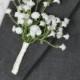 Wedding Flowers, White, ivory baby breath boutonniere wrapped in ivory satin ribbon.