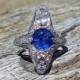 Vintage Antique 2.56ct Blue Sapphire Old Mine Cut Diamond Unique Engagement Ring Art Deco Platinum 1920's