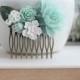Mint Comb, Bridal Comb, White and Green Verdigris Leaf Flower Comb, Wedding Comb, Bridesmaids Hair Accessory Mint Nature Mint Wedding Comb