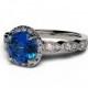 Custom Engagement Ring Set with Blue Sapphire and Diamonds, 14K White Gold Wedding Ring.
