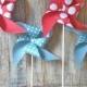 Aqua and Red - Paper Pinwheels - Pinwheel Party Decor - Vintage Circus