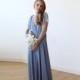 Dusty Blue wrap dress with lace sleeves, Maxi blue gown with slit, Short sleeves lace dress