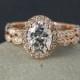 Rose Gold Oval Moissanite Engagement Ring - Diamond Milgrain Leaf Band - Boho Weddings