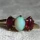 Opal Ring Antique Opal Engagement Ring Antique Australian Opal Garnet Ring 14K Three Stone Ring October Birthday