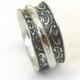 Unisex wedding band, meditation ring, oxidized sterling silver base, filigree design, wide silver spinner, elegant handcrafted ring