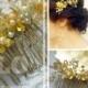 bridal hair brooch, Wedding hair comb,  bridal hair accessories, gold headpieces, wedding hair jewelry, pearl and crystal hair brooch