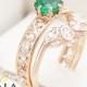 Filigree Design Emerald Wedding Ring Set in 14K Rose Gold Unique Emerald Engagement Set Art Deco Wedding Rings