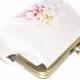 Silk Purse, Bag, Luxury Handmade Clutch, Pale White & Pink Dahlia Flower head, printed silk, gift box, ENGLISH GARDEN