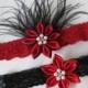 Black & Red Wedding Garter Set, Red Lace PROM Garters, Black Lace Bridal Garter w/ Red Kanzashi Flower, Feathers, Flapper / 20s Bride