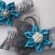 Teal & Gray Wedding Garter Set, Turquoise Blue Garters, Silver PEACOCK Feather Garters, Gray Bridal Garter with Something Blue