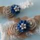 BURLAP & Royal Blue Wedding Garter Set,  Something Blue Garters, Ivory Lace Bridal Garter, Rustic Garters, Vintage- Rustic- Country Bride