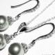 Light Grey Pearl Earrings and Necklace Set STERLING SILVER Cz Grey Drop Pearl Set Swarovski 8mm Pearl Necklace&Earrings Set Wedding Jewelry