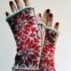 Nordic Fingerless Gloves - Wool Gray Red Fingerless Gloves - Scandinavian Gloves with Stars - Knit Fingerless Gloves nO 132.