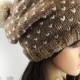 Pom Pom Hat. Hand Knit Beanie. Brown  Ivory or any of 44 colors. Big Fluffy Pompom. Slouchy Beanie. Woman's Hat. Warm  Winter Accessory.