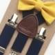 Baby Bow Tie and Suspenders, Toddler Bow Tie and Suspenders, Solid Mustard Bow Tie Navy Suspenders