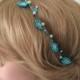 Bridal Headband, Turquoise Beaded Hairband, Blue Crochet Wedding Headpiece, Pearls Flowers Hair Jewelry, Bridesmaid Headpiece, Women's Gift