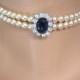 Sapphire Pearl Bridal Choker, Great Gatsby Jewelry, Pearl Necklace, Pearl And Rhinestone Collar, Vintage, Mother of the Bride, Deco, Wedding