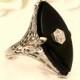 Art Deco Diamond & Onyx Ring Alternative Antique Engagement Ring 14K White Gold Filigree Antique Diamond Wedding Ring