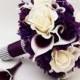 Bridal Bouquet Real Touch Picasso Callas Ivory Roses Purple Hydrangea Real Touch Rose Grooms Boutonniere Purple Plum White Wedding Bouquet
