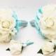 White Aqua Blue Wedding Flower Package Bridesmaid Bouquets Groomsman Boutonnieres Real Touch Rose Silk Stephanotis Customize for your Colors