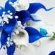 Blue and White Real Touch Calla Lily Bridal Bouquet Groom's Boutonniere Royal Blue White - Customize for Your Colors Real Touch Calla Lily