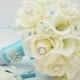 Bridal Bouquet Stephanotis Roses Calla Lily White Aqua Blue with Groom's Boutonniere - Real Touch Bouquet and Boutonniere