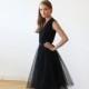Black midi sleeveless tulle dress, Black bridesmaids tulle short gown 1081