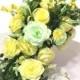 Cascading bouquet in soft Yellow and baby green paper Roses and Peonies with silk flowers and leaves, Can be made in many different colors