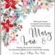 Wedding invitation card template with winter bridal bouquet Poinsettia Christmas Party invitation wreath poinsettia, pine branch fir tree, needle, flower bouquet Bridal shower invitation