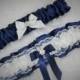 Navy Blue Garter Set, Keepsake and Toss Garter Set, Ribbon Garter, Prom Garter, Bridal Garter, Wedding Garter, Something Blue, lace garter