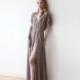 Taupe wrap dress with lace sleeves, Maxi taupe gown with slit, Short sleeves lace dress