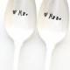 Wedding silverware, Mr and Mrs table setting spoons, hand stamped for engagement gift. Iced tea and sundae sized. By Milk & Honey.
