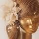 Champagne BIRDCAGE VEIL with Champagne-Cream Flower, Vintage Style Bridal FASCINATOR