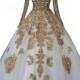 Gold Lace Applique Long Sleeve Wedding Dress